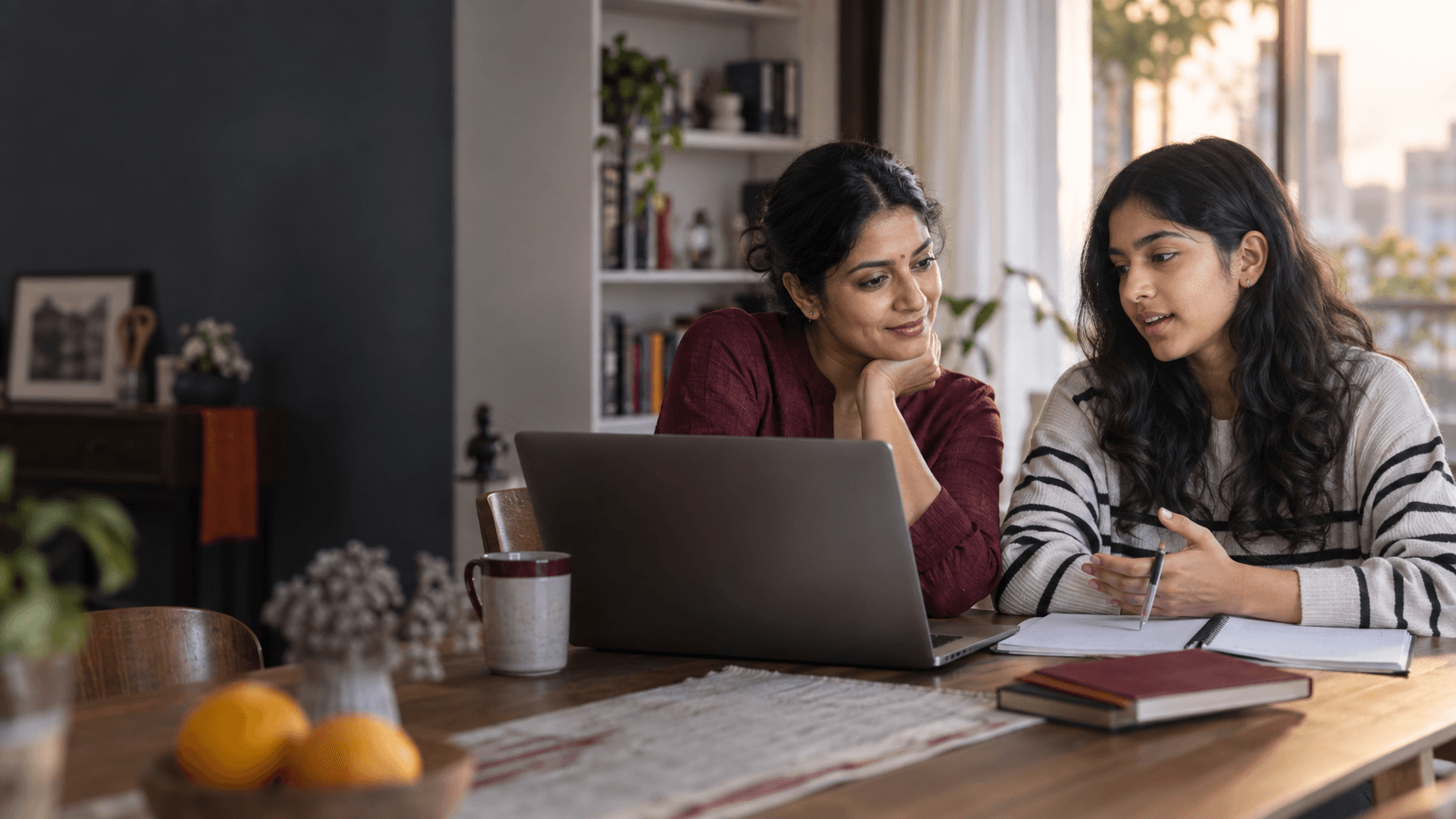 A student and parent looking at learning opportunities together